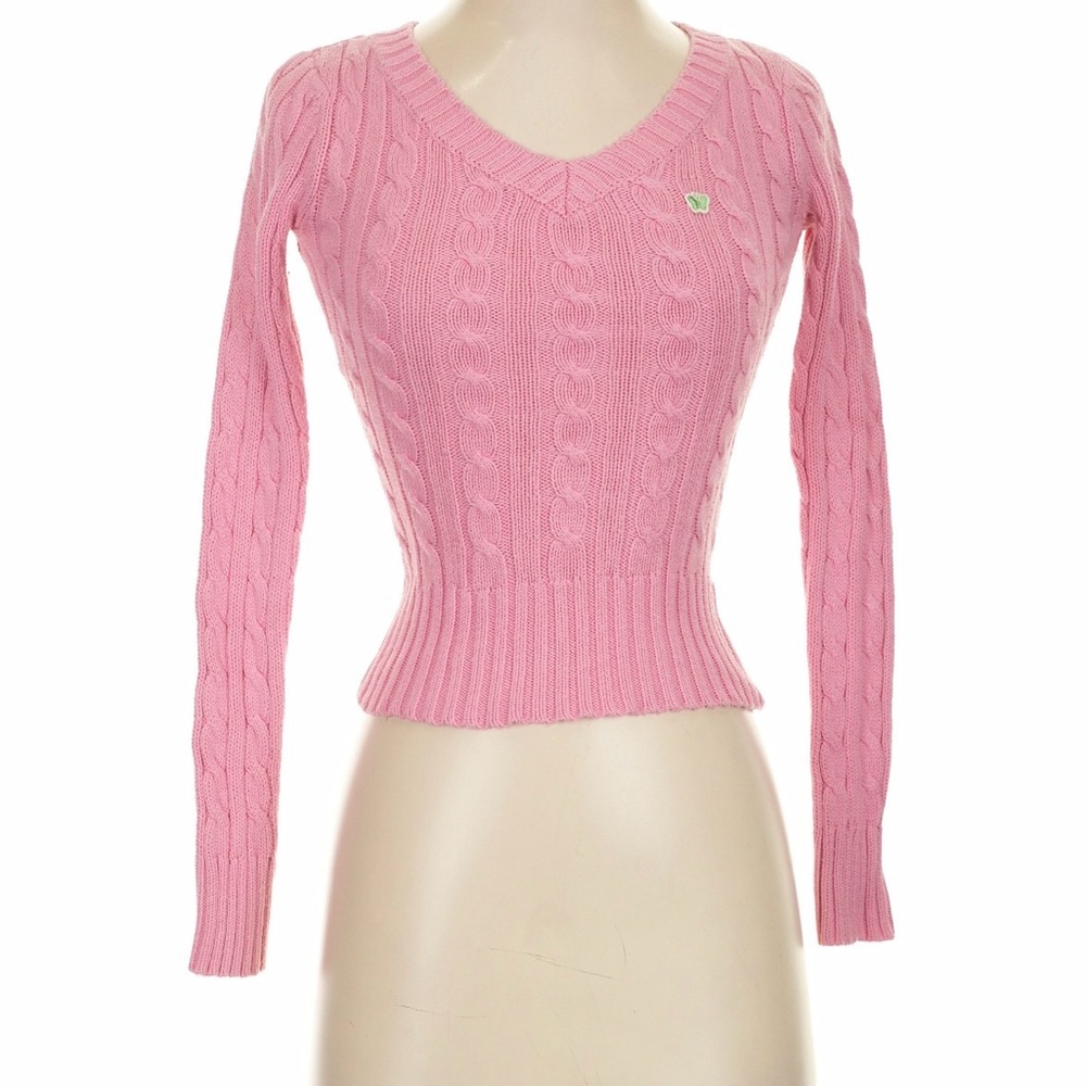 Aeropostale Pink V-Neck Cable Sweater with butterfly